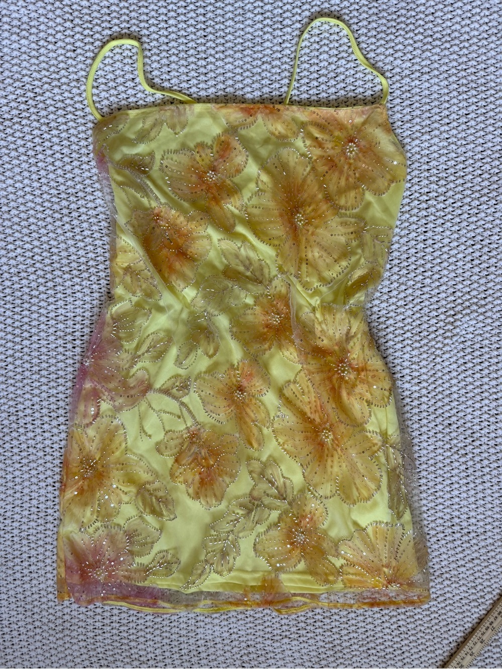 SHEIN 2XL Lemon Yellow Tropical Floral Sequin Lace Up Mini Dress